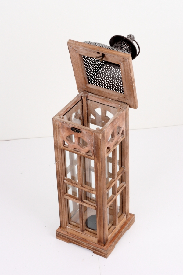 Lucerna drevená hnedá s kovovou strieškou strednou