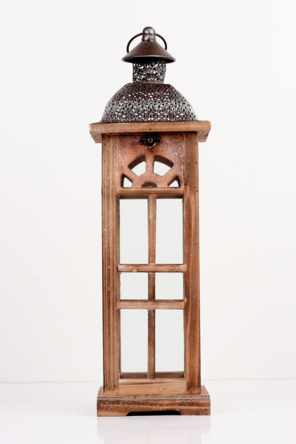 Lucerna drevená hnedá s kovovou strieškou strednou