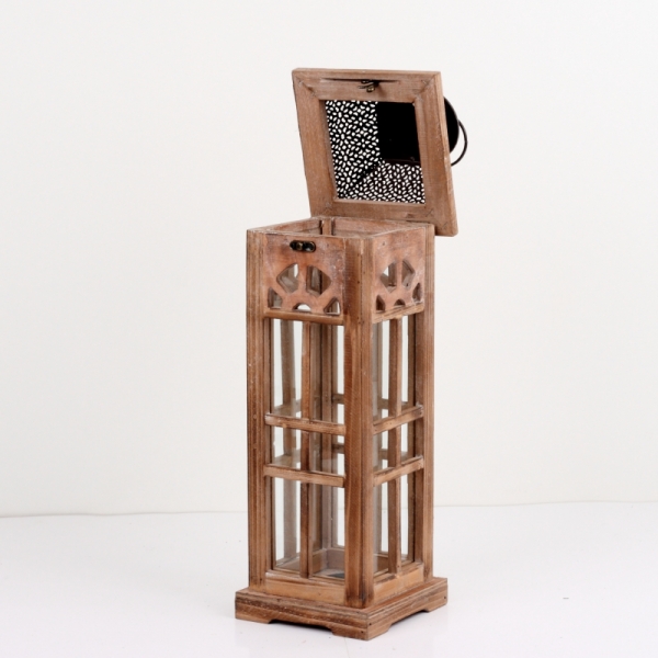 Lucerna drevená hnedá s kovovou strieškou strednou