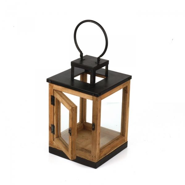 Lucerna drevená s čiernym kovom 47cm