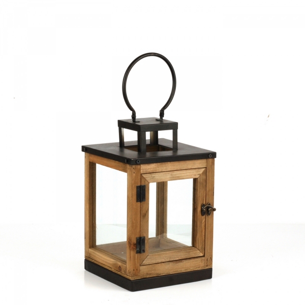 Lucerna drevená s čiernym kovom 47cm