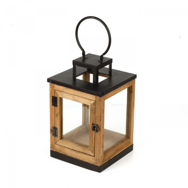 Lucerna drevená s čiernym kovom 47cm