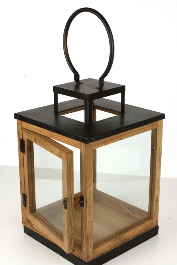 Lucerna drevená s čiernym kovom 57cm