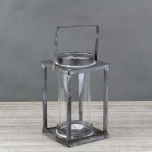 Lucerna kovová šedá s patinou 12x12cm celková výška 27cm