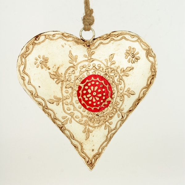 Maľované kovové srdce s červeným ornamentom - 15 cm