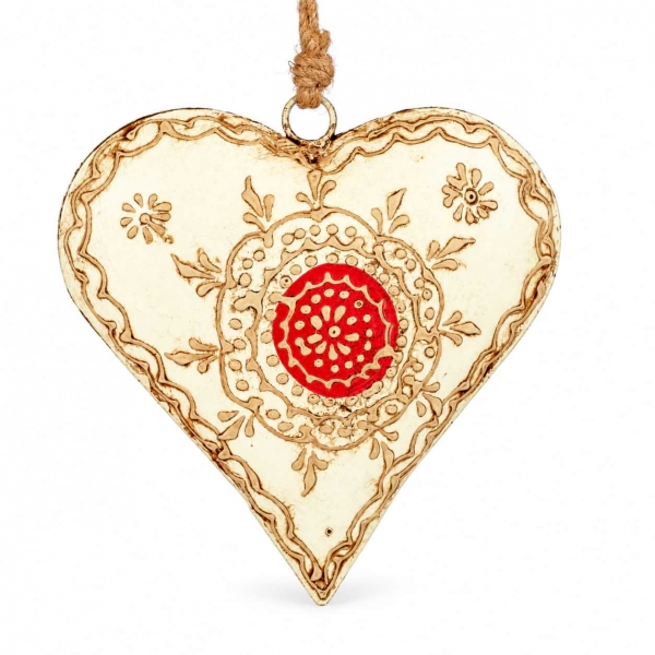 Maľované kovové srdce s červeným ornamentom - 15 cm