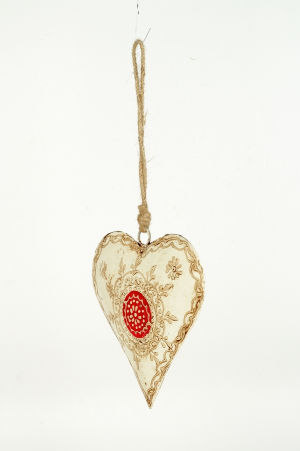 Maľované kovové srdce s červeným ornamentom - 15 cm