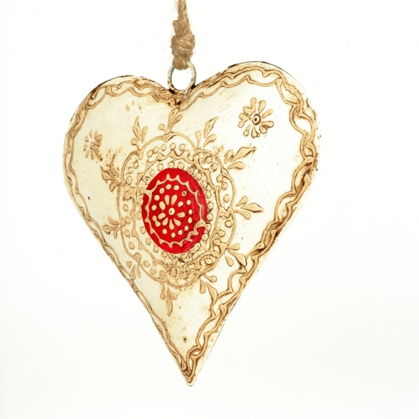 Maľované kovové srdce s červeným ornamentom - 15 cm
