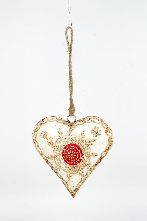 Maľované kovové srdce s červeným ornamentom - 15 cm