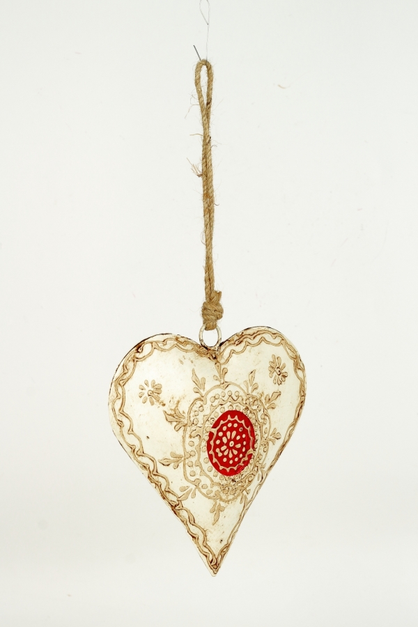 Maľované kovové srdce s červeným ornamentom - 15 cm