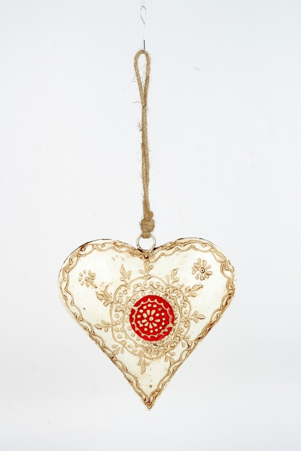 Maľované kovové srdce s červeným ornamentom - 15 cm