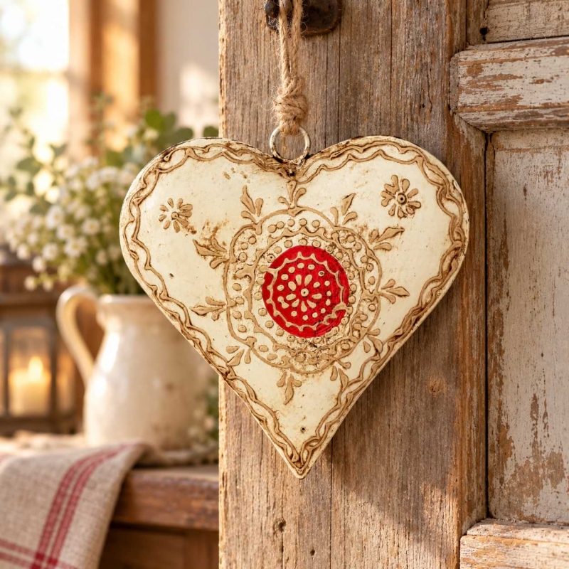 Maľované kovové srdce s červeným ornamentom - 15 cm