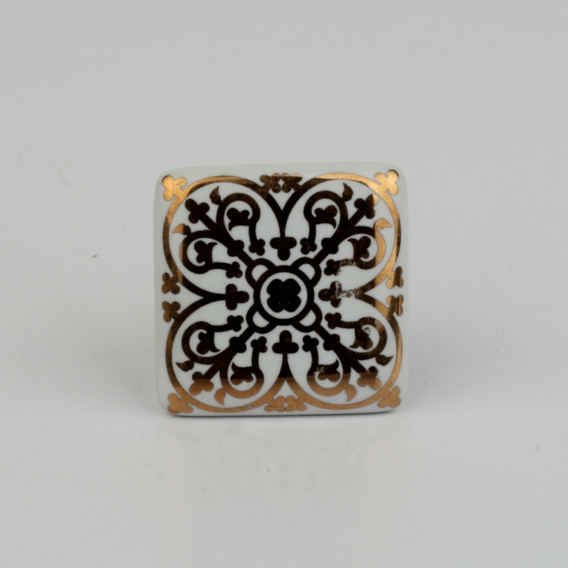 Nábytková úchytka keramická zlaté zdobenie 3,5x3,5cm