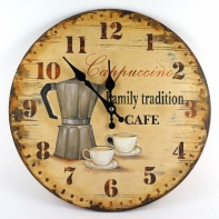 Nástenné drevené hodiny - Cappucino Family tradition Cafe 34cm