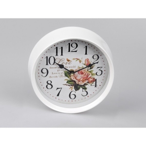 Nástenné hodiny biele s ruží kov 22cm