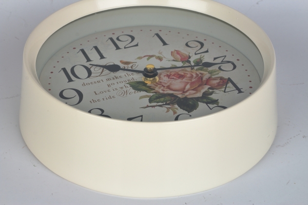 Nástenné hodiny biele s ruží kov 22cm