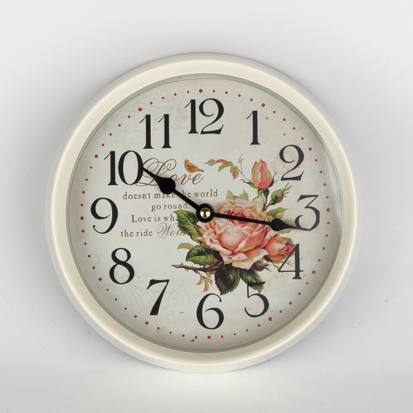 Nástenné hodiny biele s ruží kov 22cm