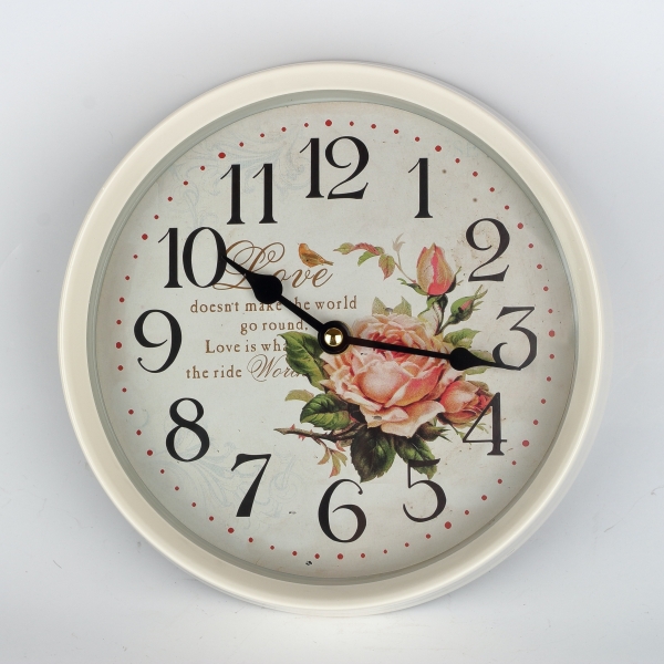 Nástenné hodiny biele s ruží kov 22cm