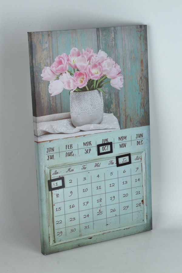 Nástěnný kalendář s magnety 30 x 50 x 1,8 cm růžové tulipány na mentolové