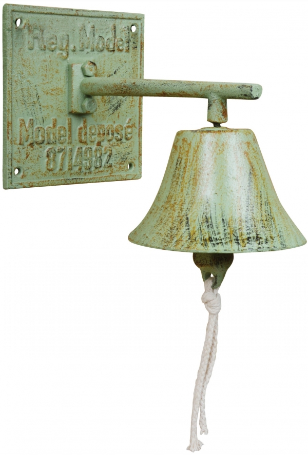 Nástenný zvonček so zelenou patinou liatina 17x14cm