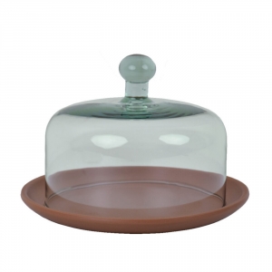 Nevšedný terakotový podnos so skleneným poklopom pr. 29x19cm