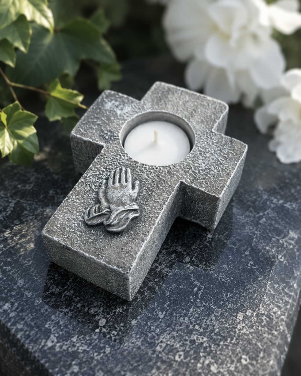 Pietny svietnik na hrob – kríž so zopätými rukami 14 × 10 cm