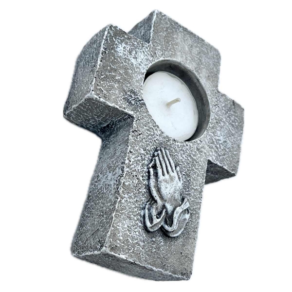 Pietny svietnik na hrob – kríž so zopätými rukami 14 × 10 cm