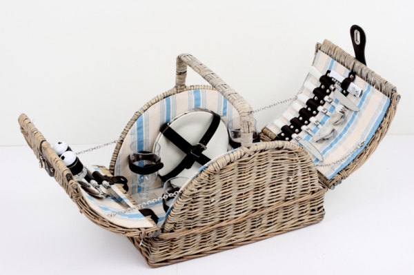 Piknikový kôš s modrými prúžky pre 2 osoby 29x42x31cm