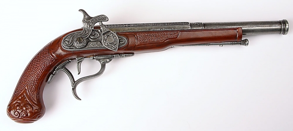 Pištoľ perkusná 36 cm historická replika imitácia dreva a kov