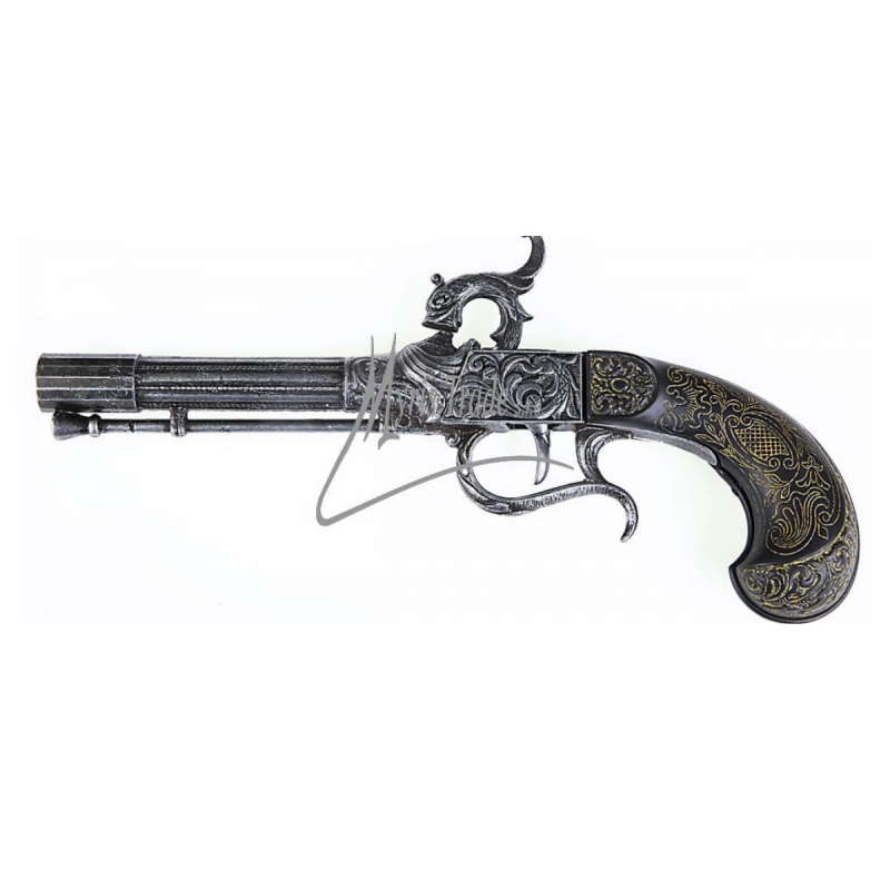 Pištoľ perkusná bohato zdobená 27 cm historická replika imitácia dreva a kov