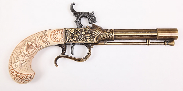 Pištoľ perkusná historická replika 27 cm imitácia slonoviny a bronzový kov