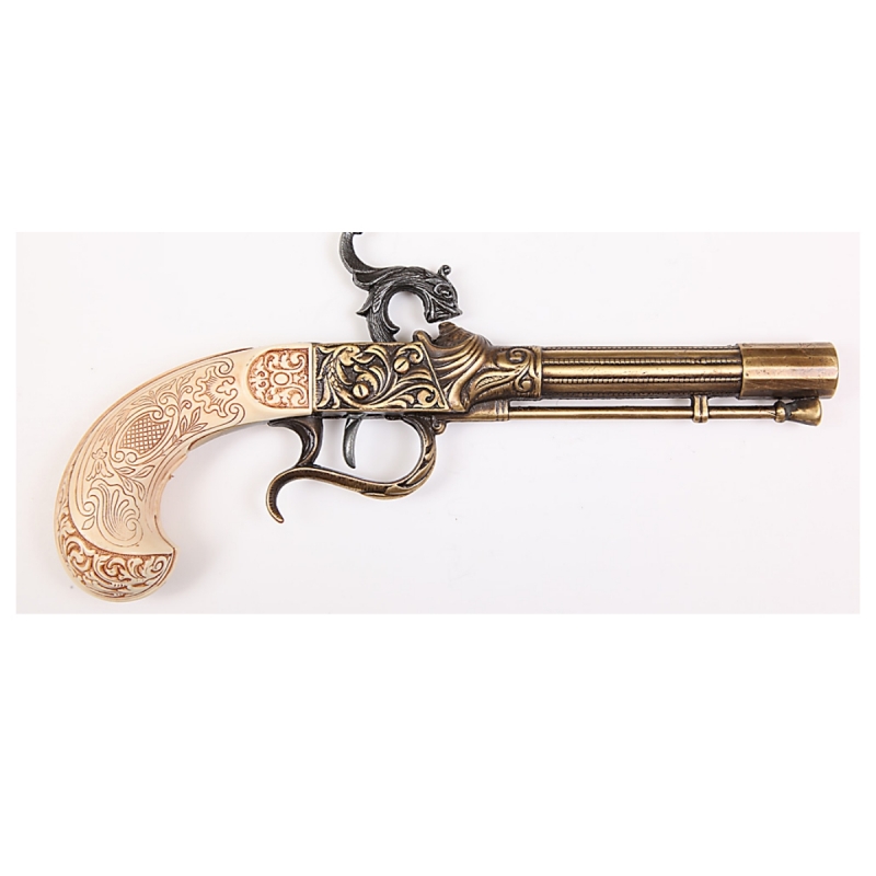 Pištoľ perkusná historická replika 27 cm imitácia slonoviny a bronzový kov