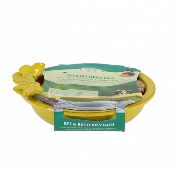Fontánka s pitnou vodou pre včely a motýle 21,7 x 21,7 x 8 cm žlté s kameňmi