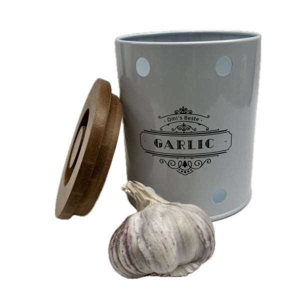 Plechová dóza na cesnak GARLIC s bambusovým vekom 13 × 11 × 11 cm