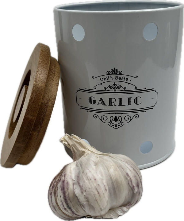 Plechová dóza na cesnak GARLIC s bambusovým vekom 13 × 11 × 11 cm
