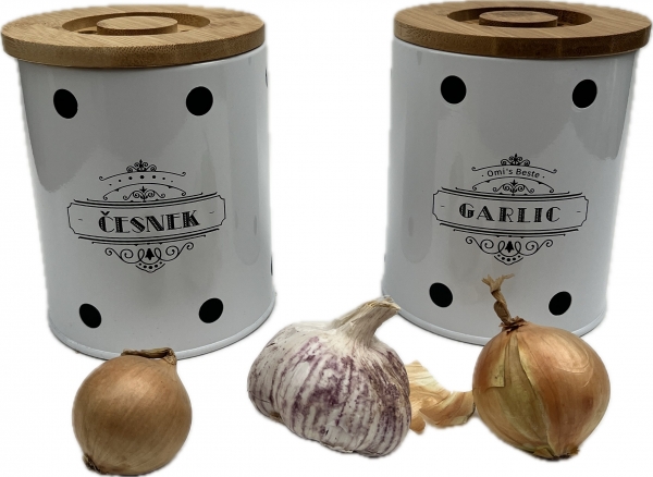 Plechová dóza na cesnak GARLIC s bambusovým vekom 13 × 11 × 11 cm