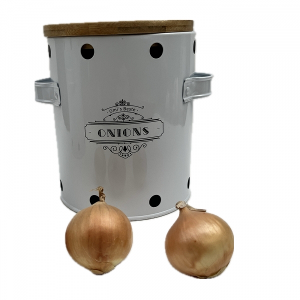 Plechová dóza na cibuľu ONIONS s bambusovým vekom a vetracími otvormi 16 cm