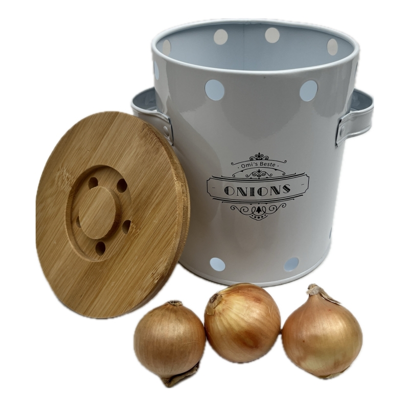 Plechová dóza na cibuľu ONIONS s bambusovým vekom a vetracími otvormi 16 cm