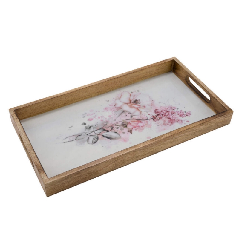 Podnos servírovací Romantic obdĺžnikový s kvetinami 43 x 22 x 3,5 cm drevený