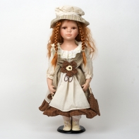 Porcelánová bábika ručne maľovaná - hnedovláska s kvetom na šatách veľká 56cm