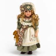 Porcelánová bábika s medvedíkom a látkovou kyticou 56cm