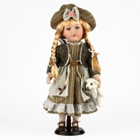 Porcelánová bábika v šatôčkach s medvedíkom 42cm