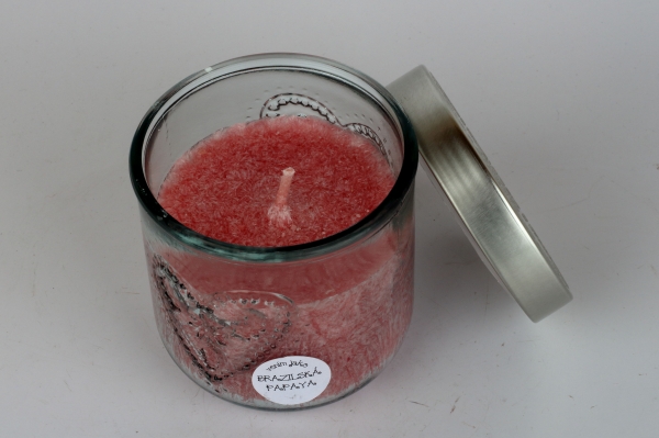 Ručne odlievaná sviečka v sklenenej dóze so srdcom brazílska papaya 190g