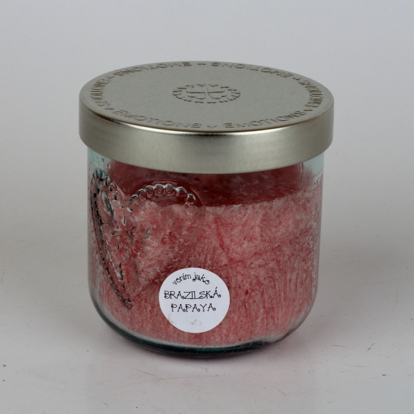 Ručne odlievaná sviečka v sklenenej dóze so srdcom brazílska papaya 190g