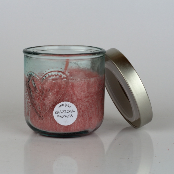 Ručne odlievaná sviečka v sklenenej dóze so srdcom brazílska papaya 190g