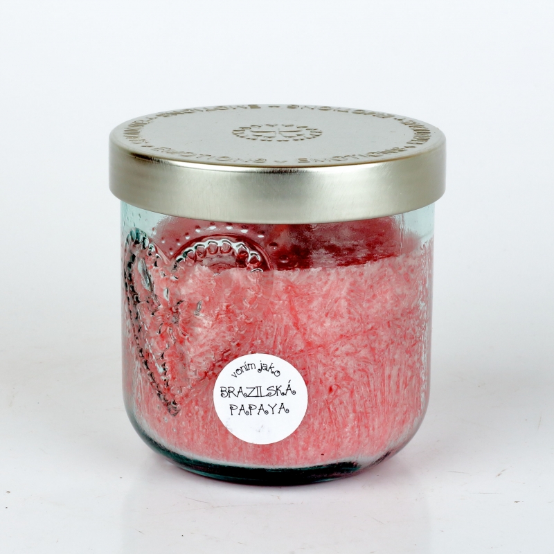 Ručne odlievaná sviečka v sklenenej dóze so srdcom brazílska papaya 190g