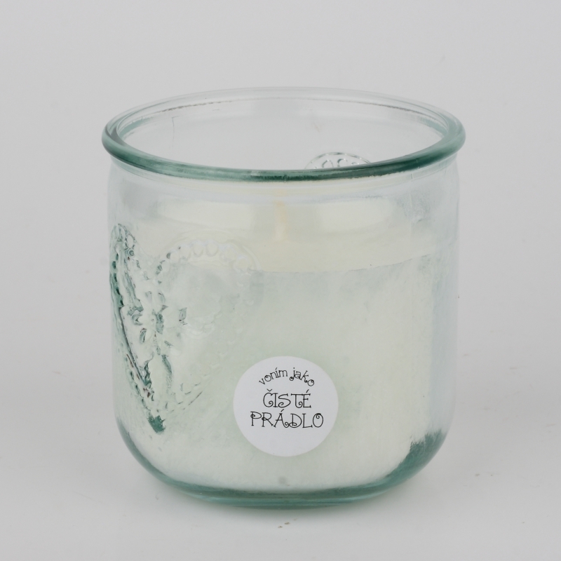 Ručne odlievaná sviečka v pohári čisté prádlo 480g