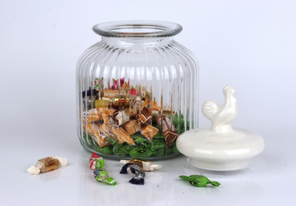 Sklenená dóza na cukríky s kohútom 17x25cm