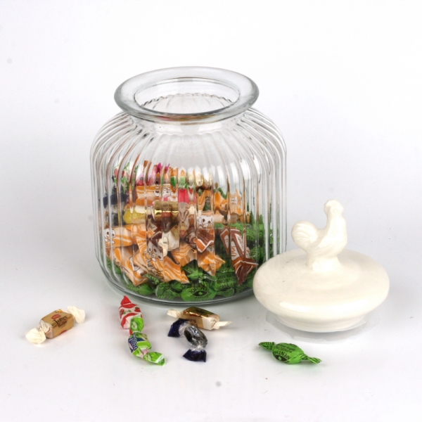 Sklenená dóza na cukríky s kohútom 17x25cm