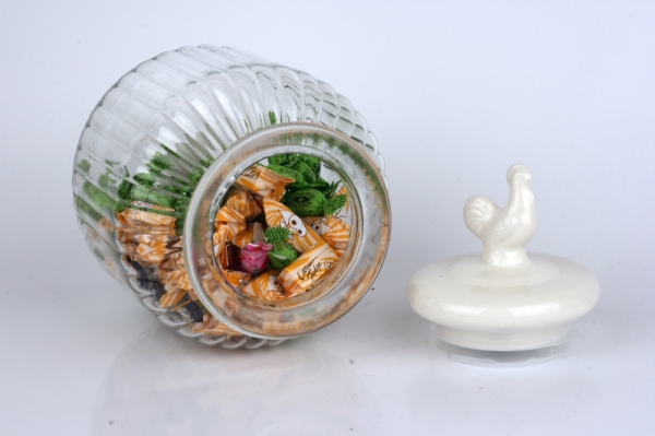 Sklenená dóza na cukríky s kohútom 17x25cm